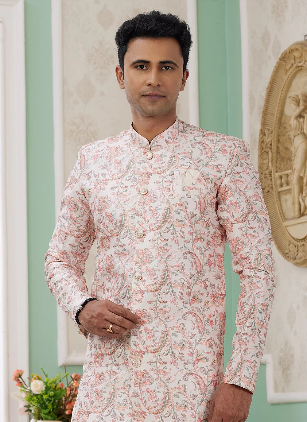 Raivat Ethnic Banarasi Jacquard Embroidery Indo Western Sherwani In Peach Colour | Swadesiicart