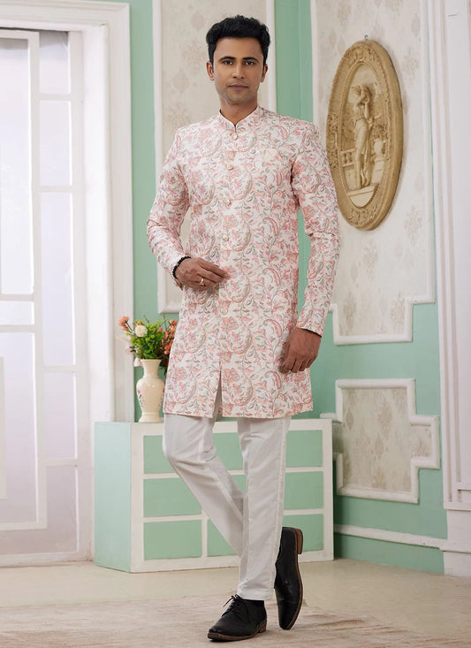 Raivat Ethnic Banarasi Jacquard Embroidery Indo Western Sherwani In Peach Colour | Swadesiicart