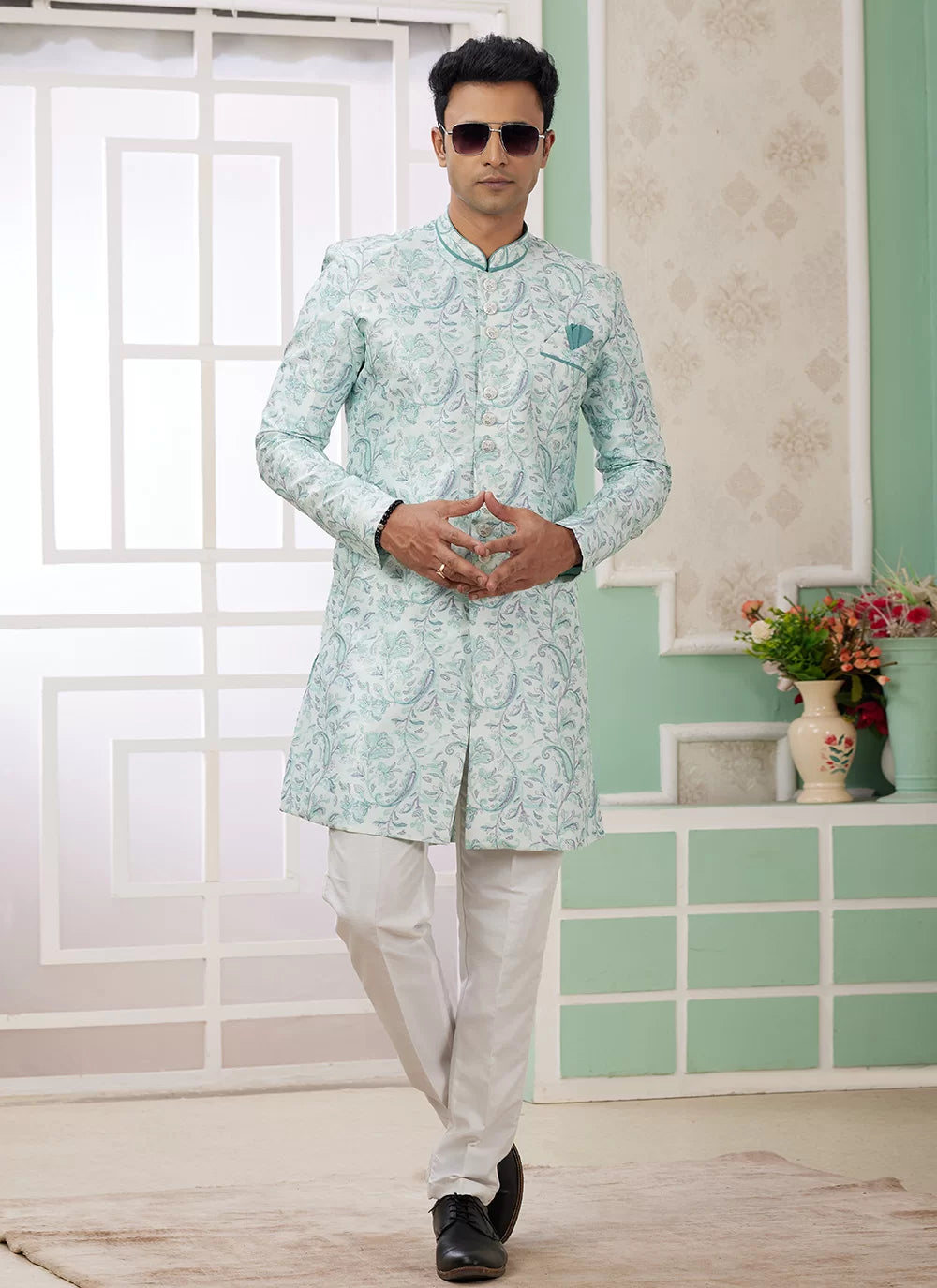Raivat Ethnic Banarasi Jacquard Embroidery Indo Western Sherwani In Green Colour | Swadesiicart