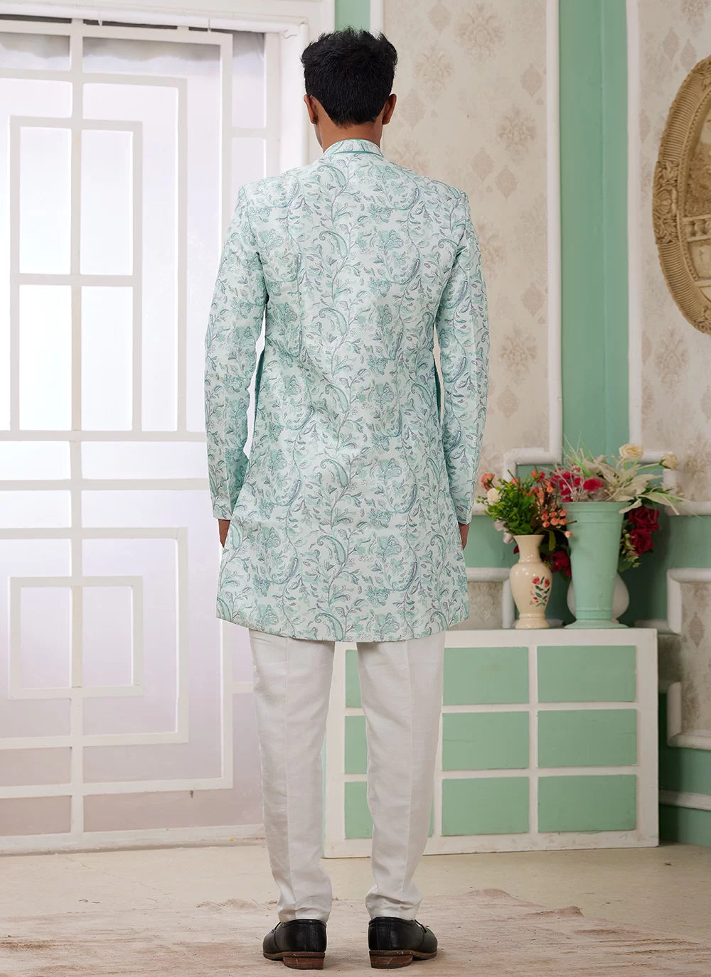 Raivat Ethnic Banarasi Jacquard Embroidery Indo Western Sherwani In Green Colour | Swadesiicart