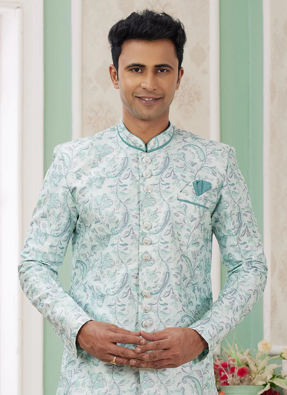 Raivat Ethnic Banarasi Jacquard Embroidery Indo Western Sherwani In Green Colour | Swadesiicart