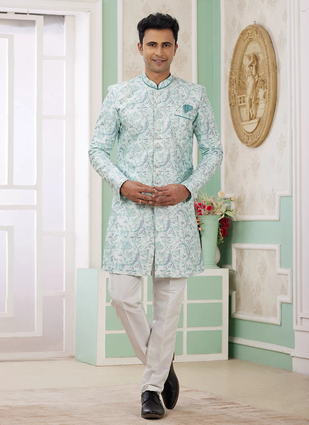 Raivat Ethnic Banarasi Jacquard Embroidery Indo Western Sherwani In Green Colour | Swadesiicart