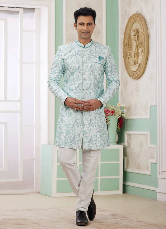 Raivat Ethnic Banarasi Jacquard Embroidery Indo Western Sherwani In Green Colour | Swadesiicart