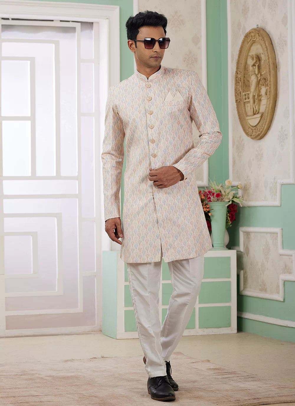 Raivat Ethnic Banarasi Jacquard Embroidery Indo Western Sherwani In Beige Colour | Swadesiicart