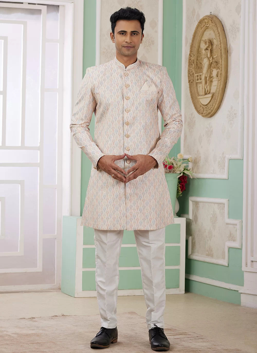 Raivat Ethnic Banarasi Jacquard Embroidery Indo Western Sherwani In Beige Colour | Swadesiicart