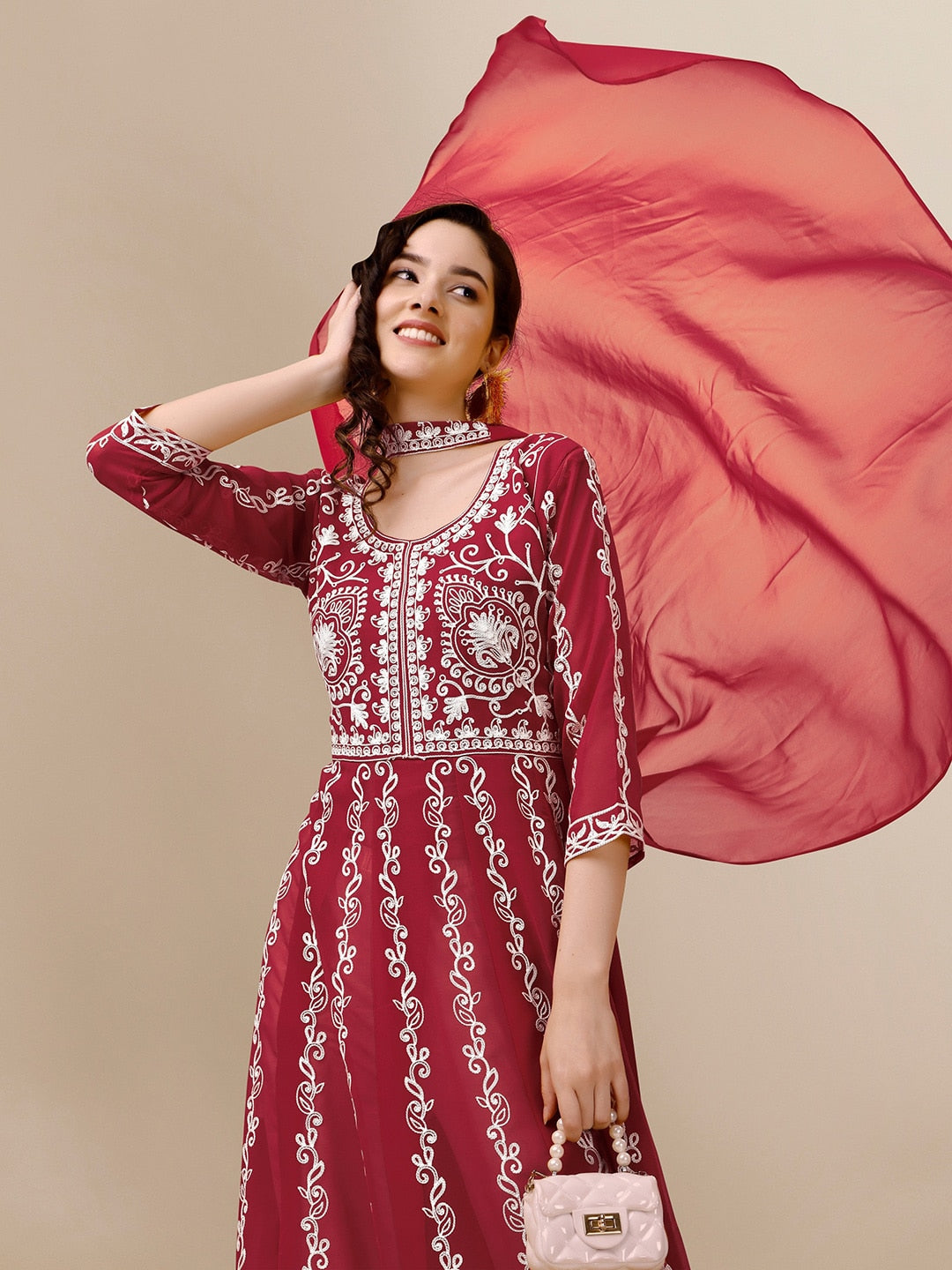 HERE&NOW Maroon & White Ethnic Motifs Embroidered Chikankari Kurta & Dupatta | Swadesiicart