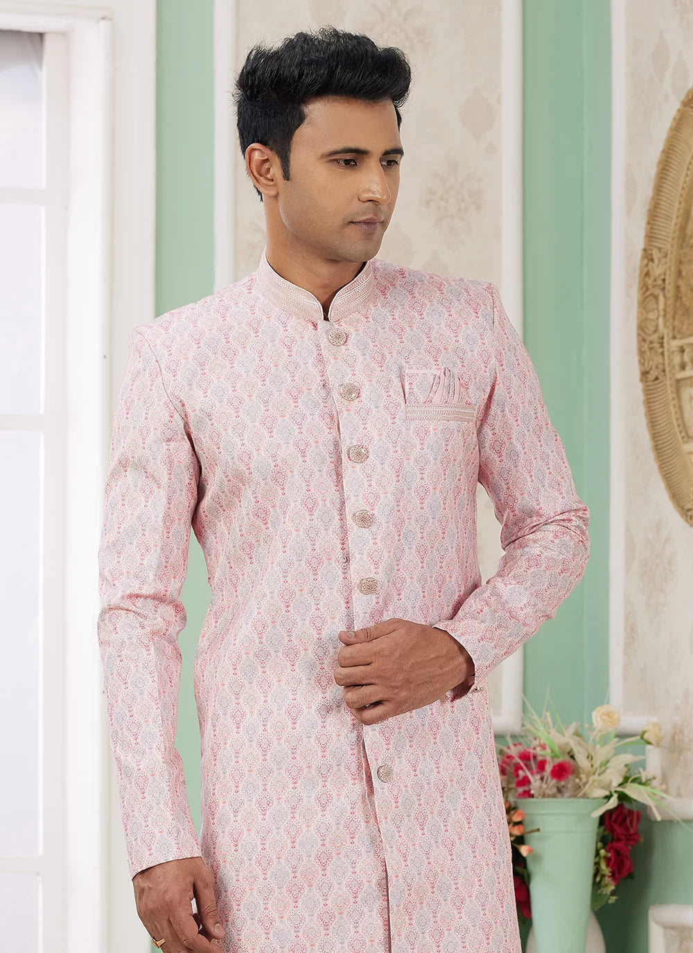 Raivat Ethnic Banarasi Jacquard Embroidery Indo Western Sherwani In Pink Colour | Swadesiicart