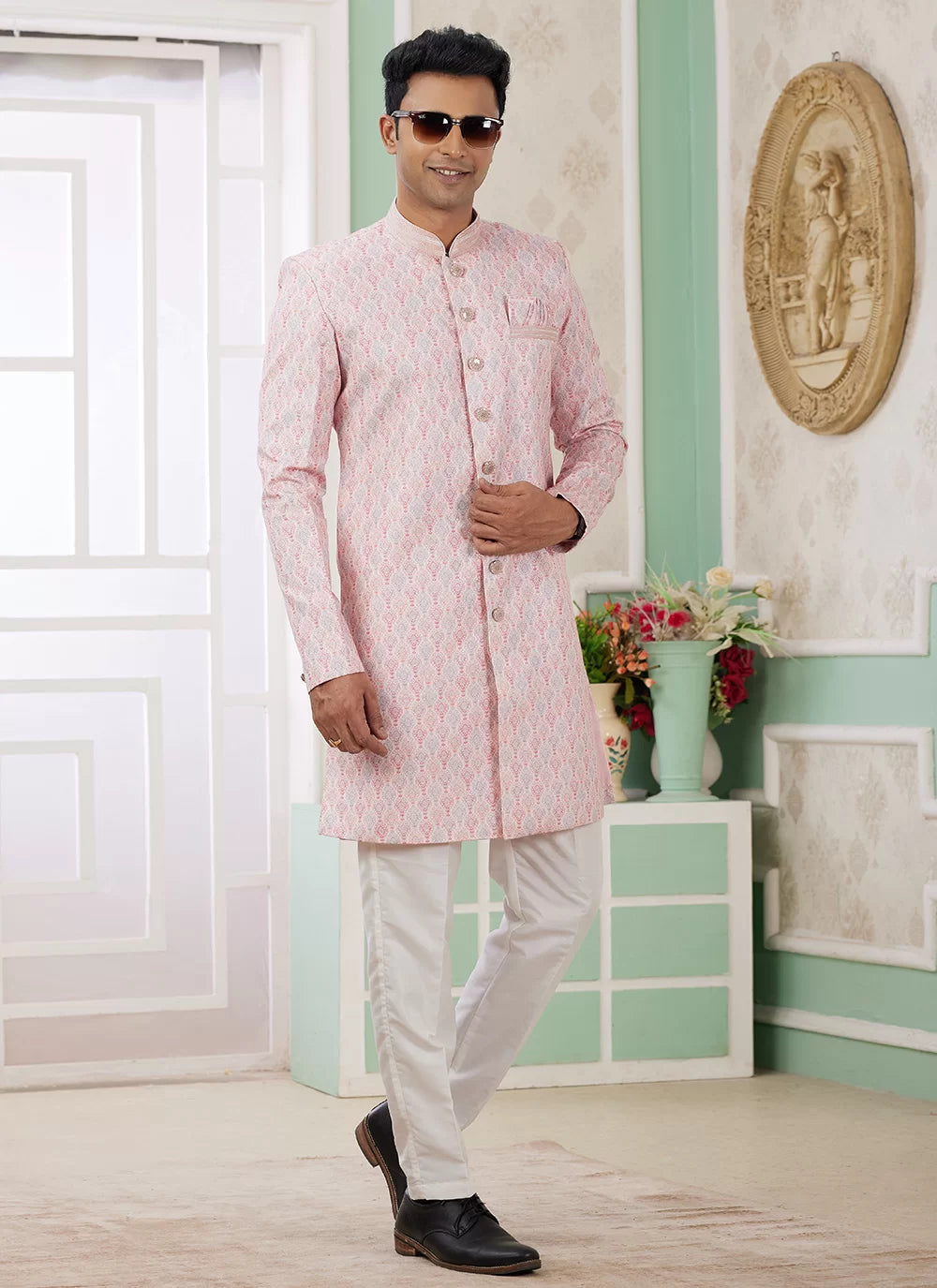 Raivat Ethnic Banarasi Jacquard Embroidery Indo Western Sherwani In Pink Colour | Swadesiicart