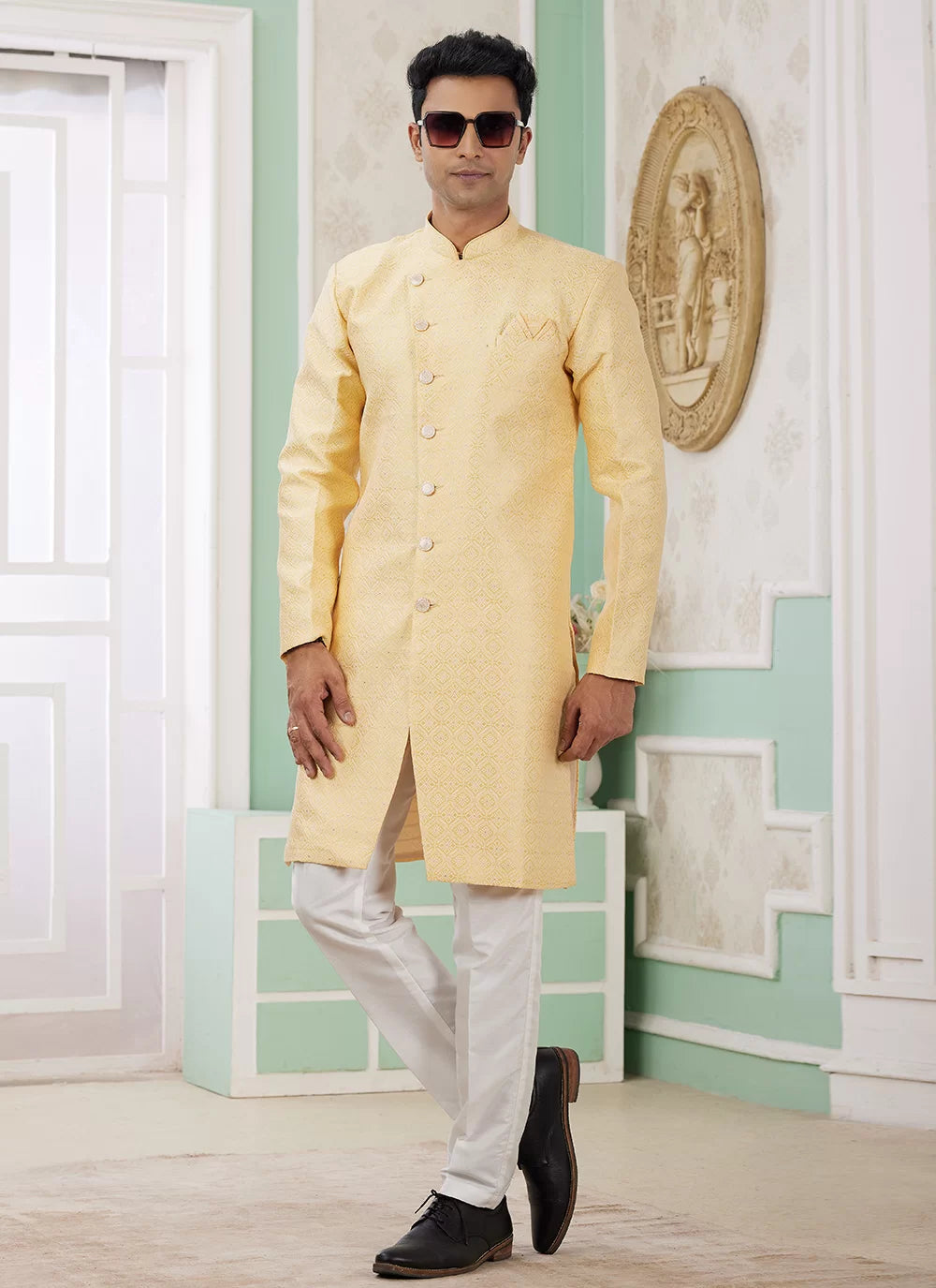 Raivat Ethnic Banarasi Jacquard Embroidery Indo Western Sherwani In Yellow Colour | Swadesiicart