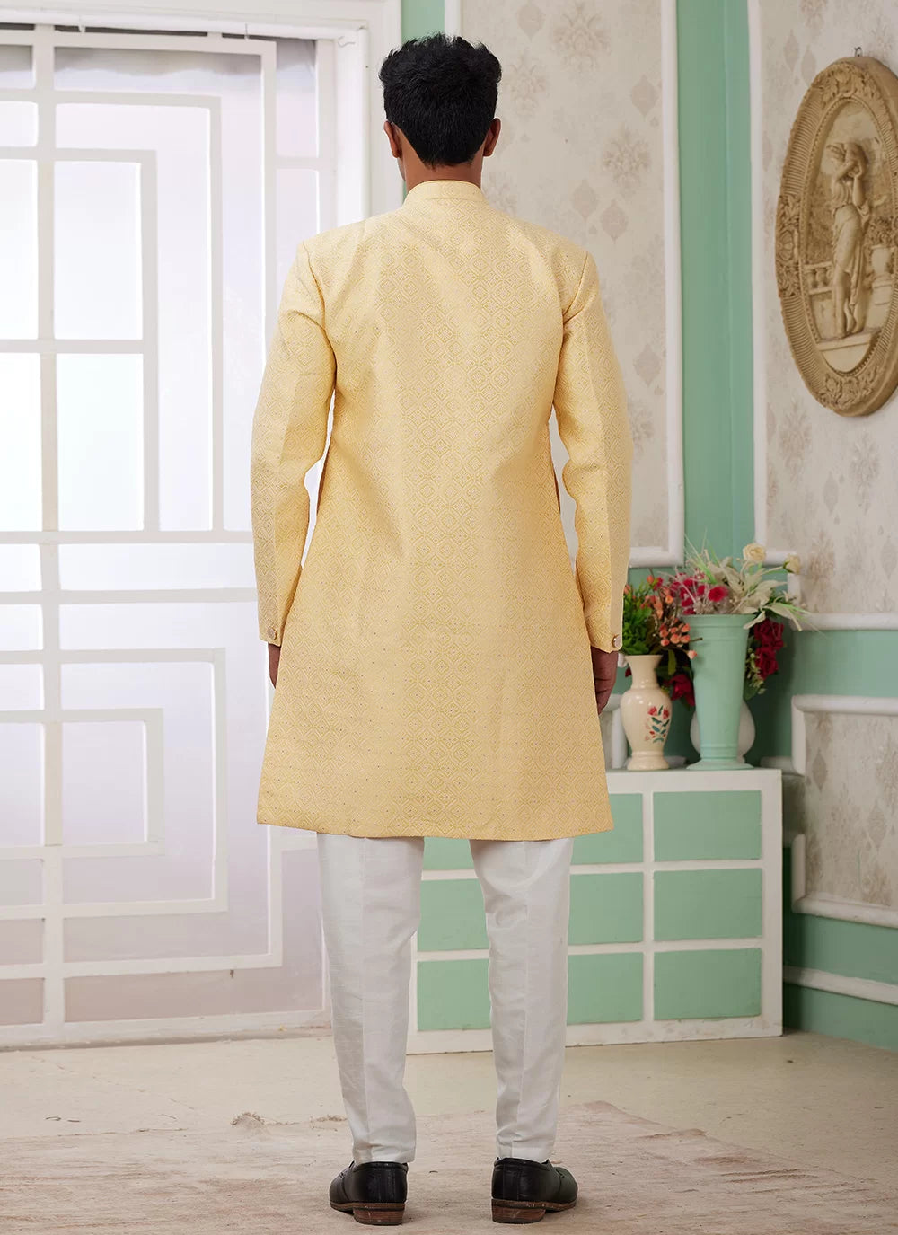 Raivat Ethnic Banarasi Jacquard Embroidery Indo Western Sherwani In Yellow Colour | Swadesiicart