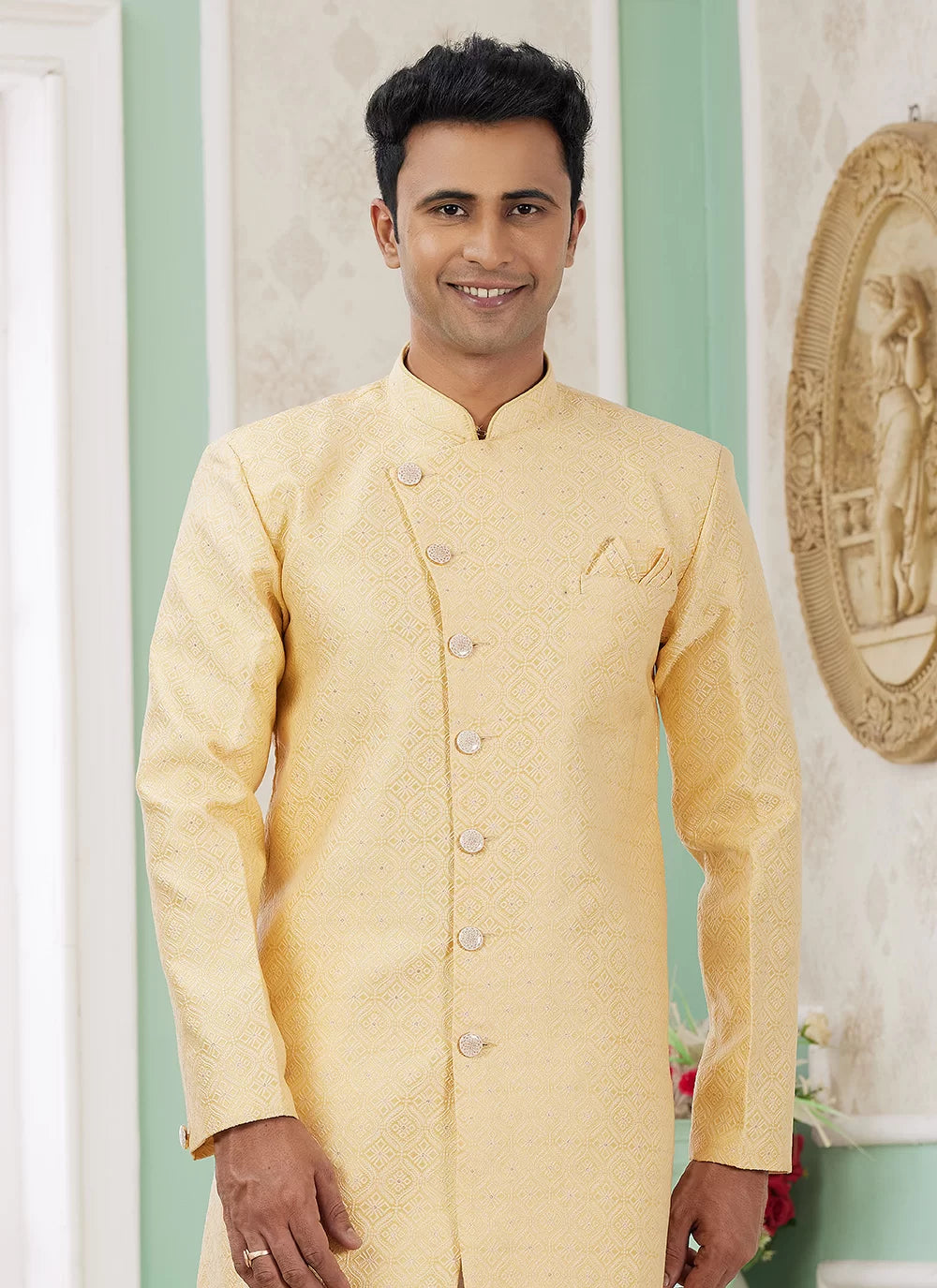 Raivat Ethnic Banarasi Jacquard Embroidery Indo Western Sherwani In Yellow Colour | Swadesiicart
