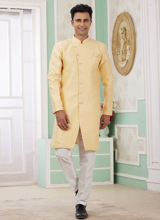 Raivat Ethnic Banarasi Jacquard Embroidery Indo Western Sherwani In Yellow Colour | Swadesiicart