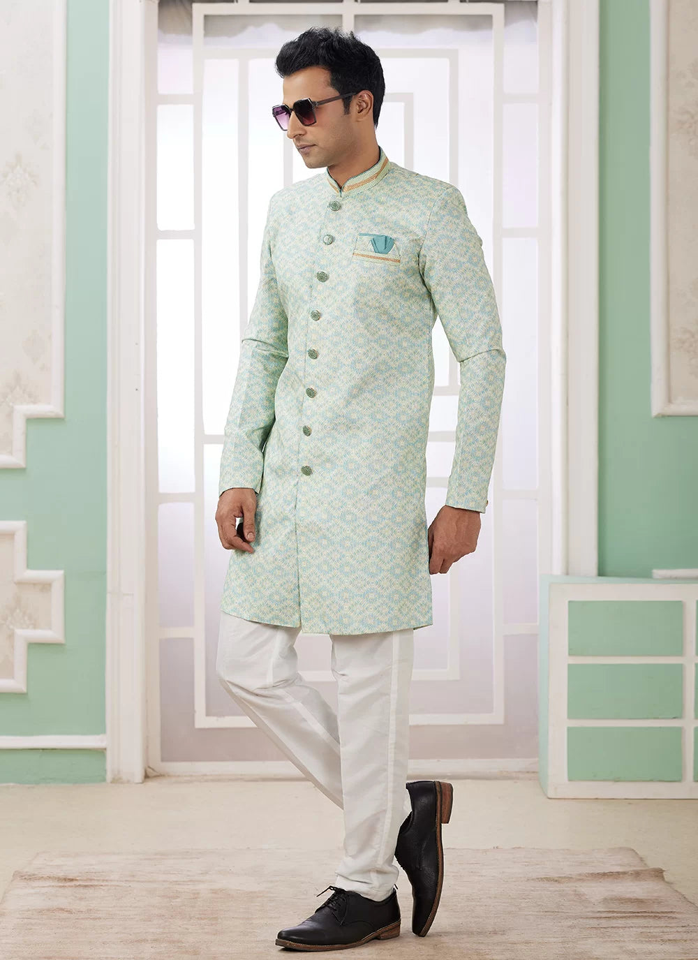 Raivat Ethnic Banarasi Jacquard Embroidery Indo Western Sherwani In Green Colour | Swadesiicart