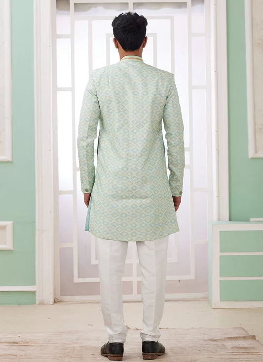 Raivat Ethnic Banarasi Jacquard Embroidery Indo Western Sherwani In Green Colour | Swadesiicart