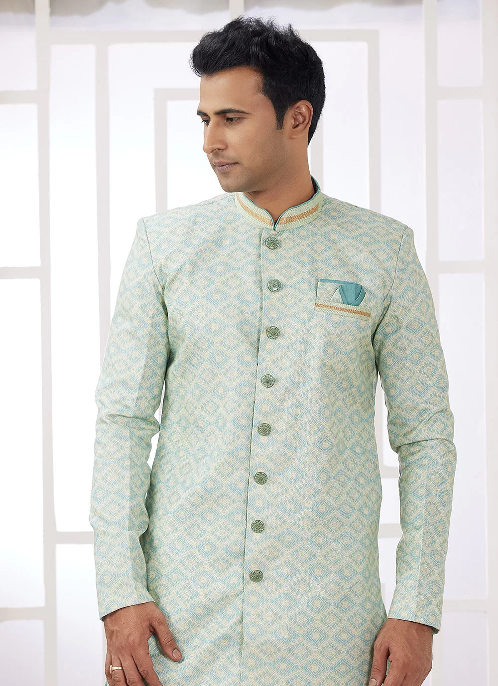 Raivat Ethnic Banarasi Jacquard Embroidery Indo Western Sherwani In Green Colour | Swadesiicart