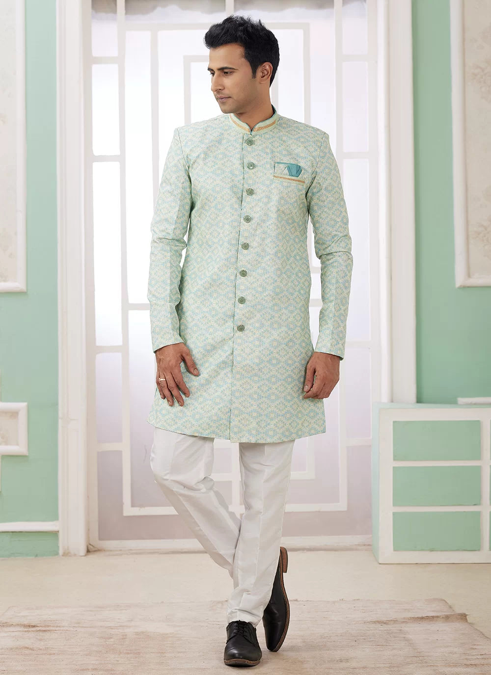 Raivat Ethnic Banarasi Jacquard Embroidery Indo Western Sherwani In Green Colour | Swadesiicart
