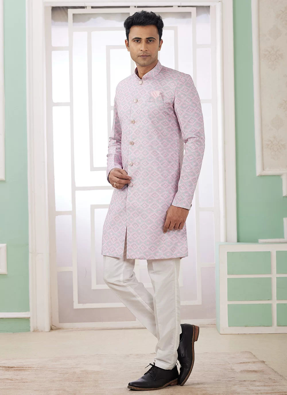 Raivat Ethnic Banarasi Jacquard Embroidery Indo Western Sherwani In Pink Colour | Swadesiicart