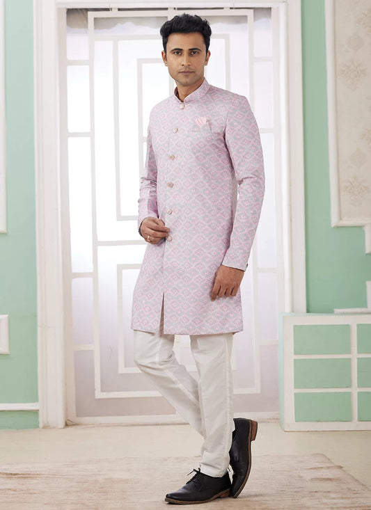 Raivat Ethnic Banarasi Jacquard Embroidery Indo Western Sherwani In Pink Colour | Swadesiicart