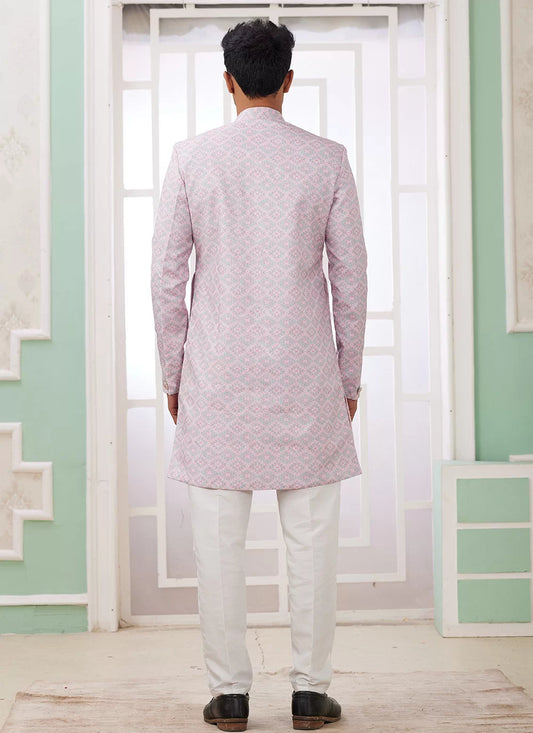 Raivat Ethnic Banarasi Jacquard Embroidery Indo Western Sherwani In Pink Colour | Swadesiicart