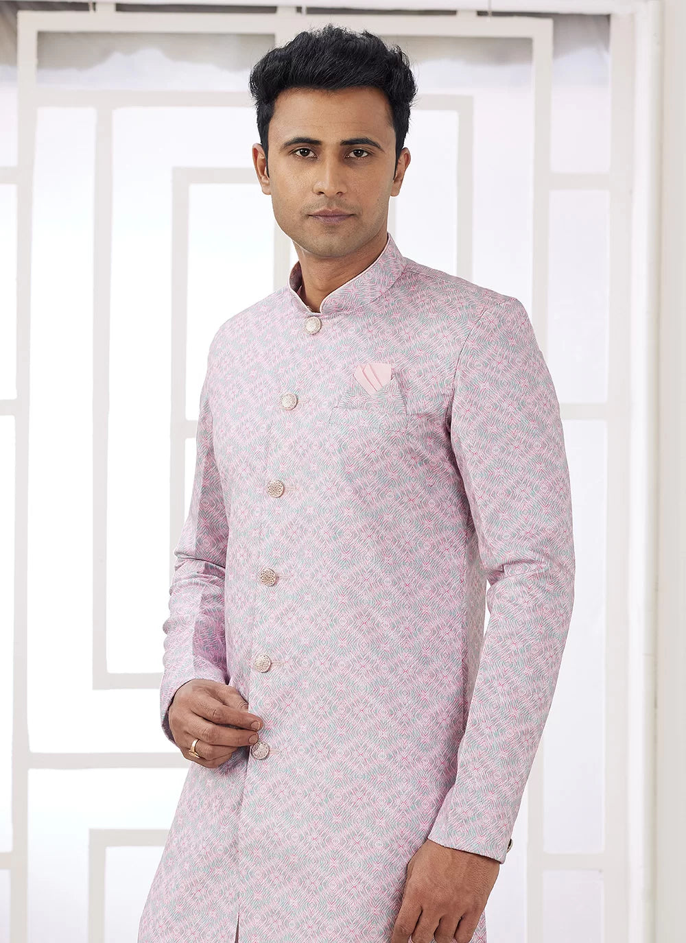 Raivat Ethnic Banarasi Jacquard Embroidery Indo Western Sherwani In Pink Colour | Swadesiicart
