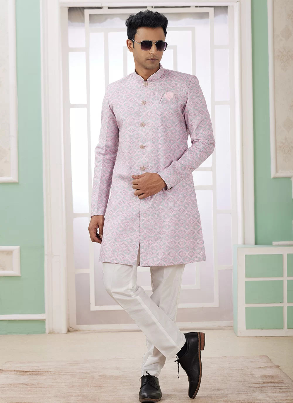 Raivat Ethnic Banarasi Jacquard Embroidery Indo Western Sherwani In Pink Colour | Swadesiicart