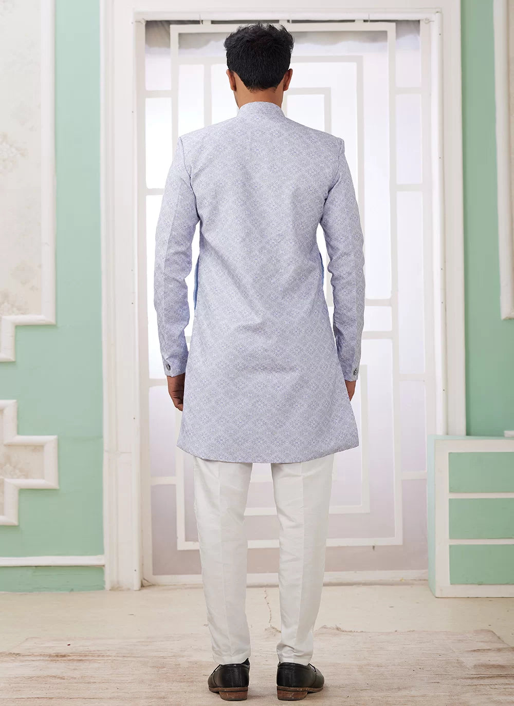 Raivat Ethnic Banarasi Jacquard Embroidery Indo Western Sherwani In Blue Colour | Swadesiicart