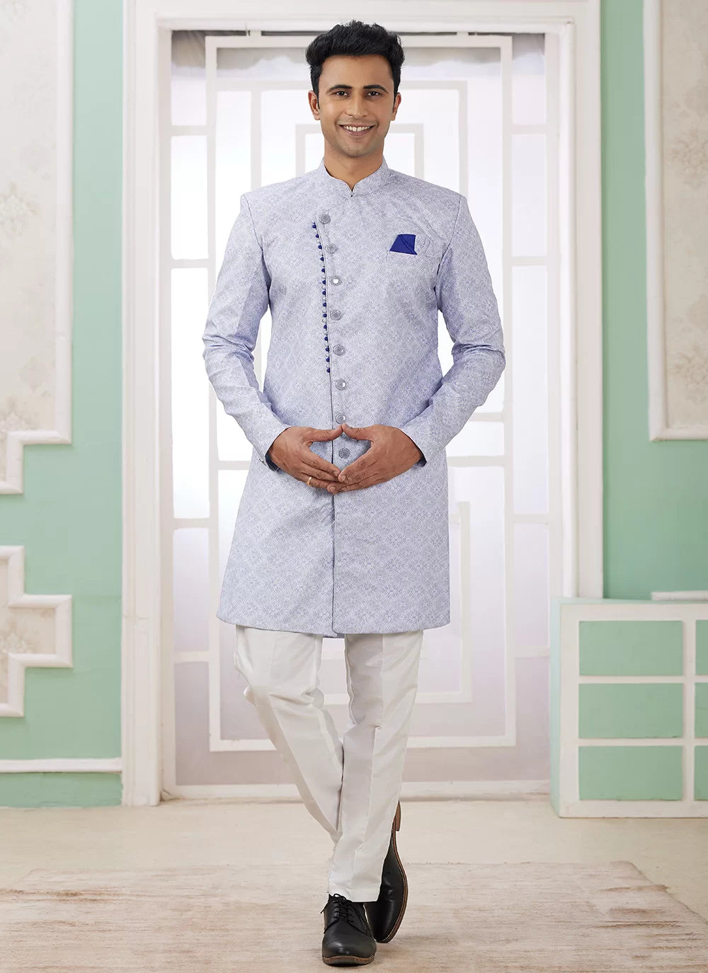 Raivat Ethnic Banarasi Jacquard Embroidery Indo Western Sherwani In Blue Colour | Swadesiicart