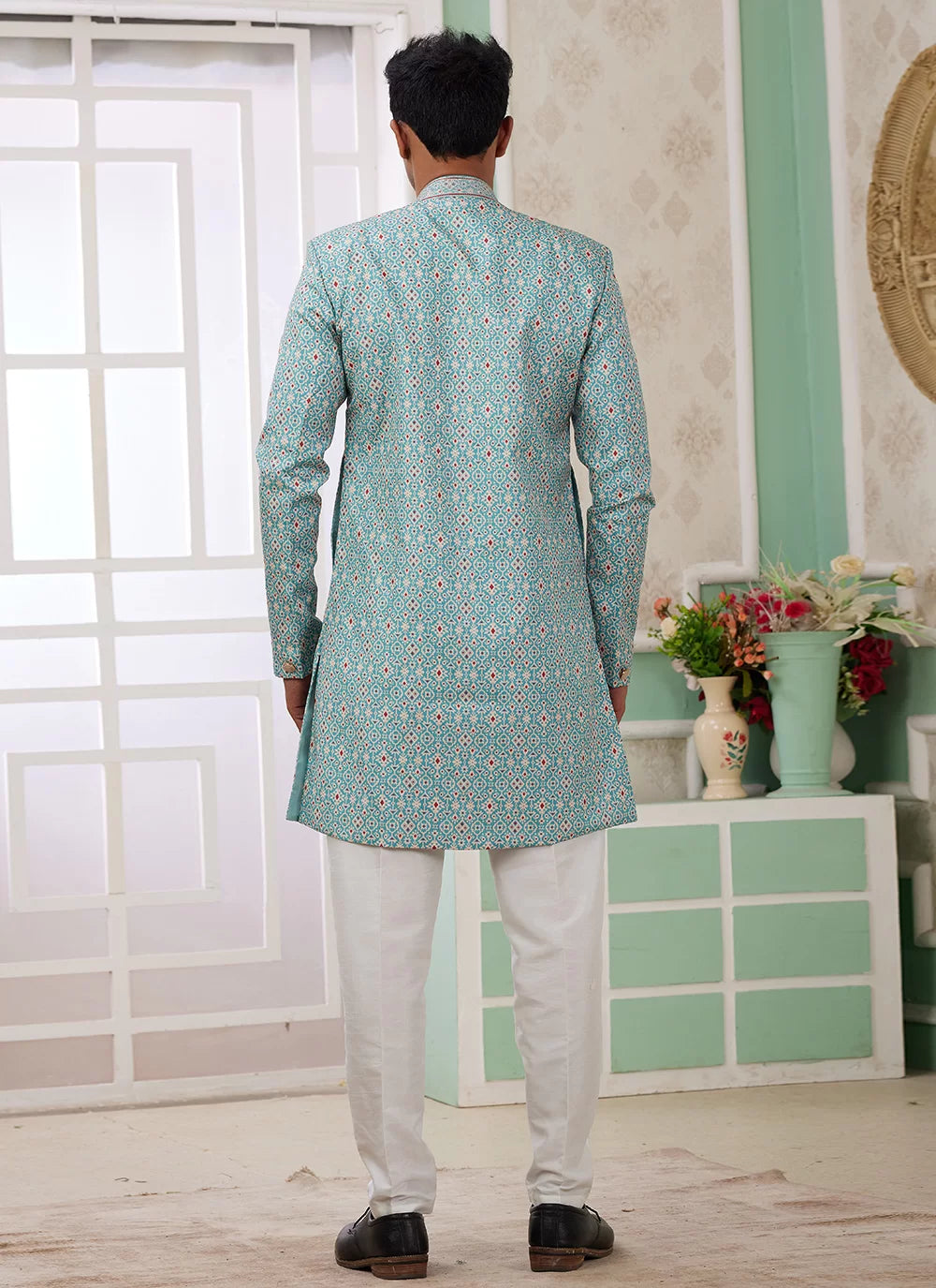 Raivat Ethnic Banarasi Jacquard Embroidery Indo Western Sherwani In Green Colour | Swadesiicart