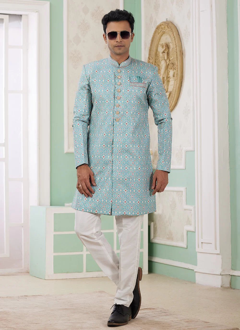 Raivat Ethnic Banarasi Jacquard Embroidery Indo Western Sherwani In Green Colour | Swadesiicart