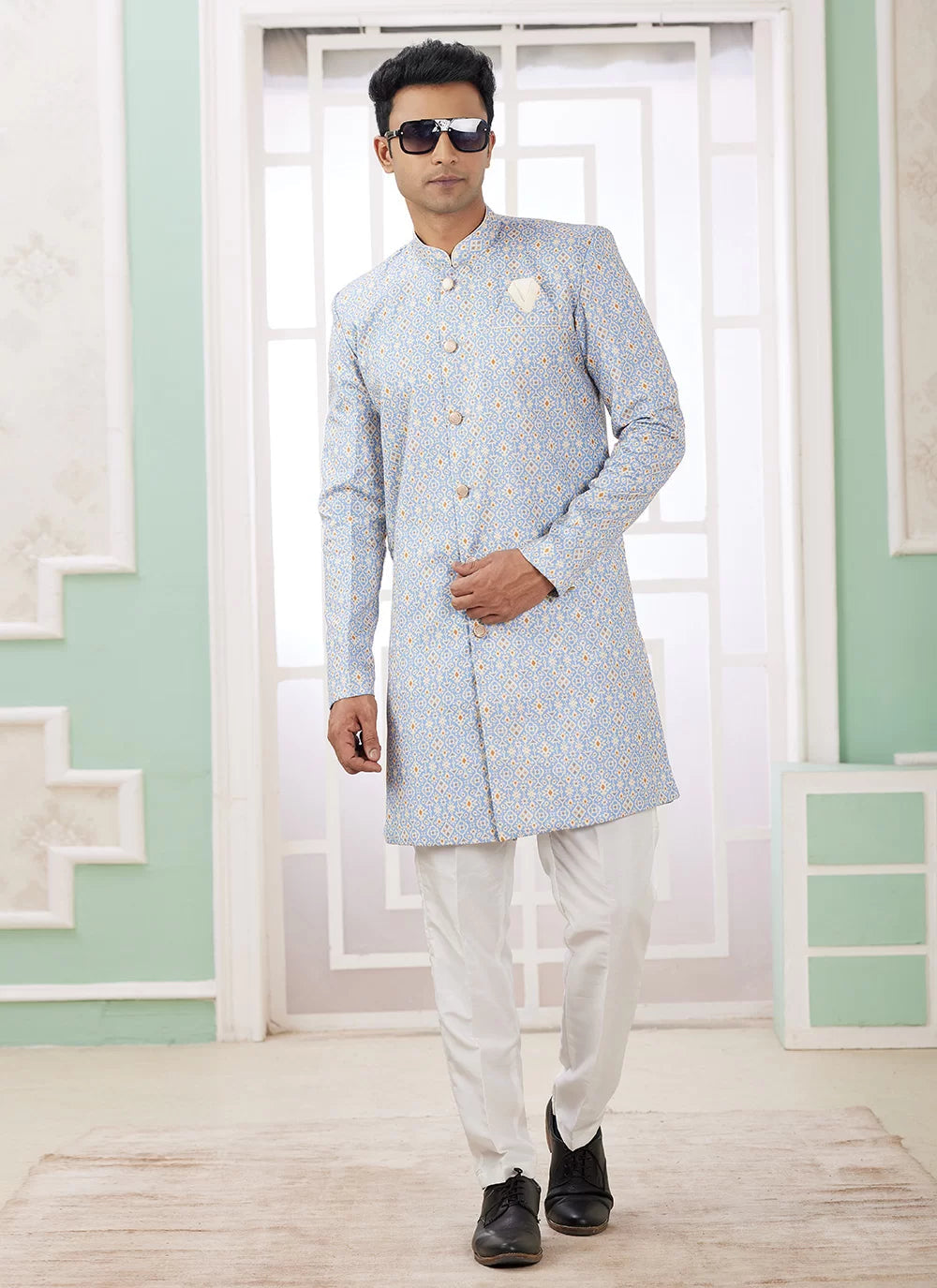 Raivat Ethnic Banarasi Jacquard Embroidery Indo Western Sherwani In Blue Colour | Swadesiicart