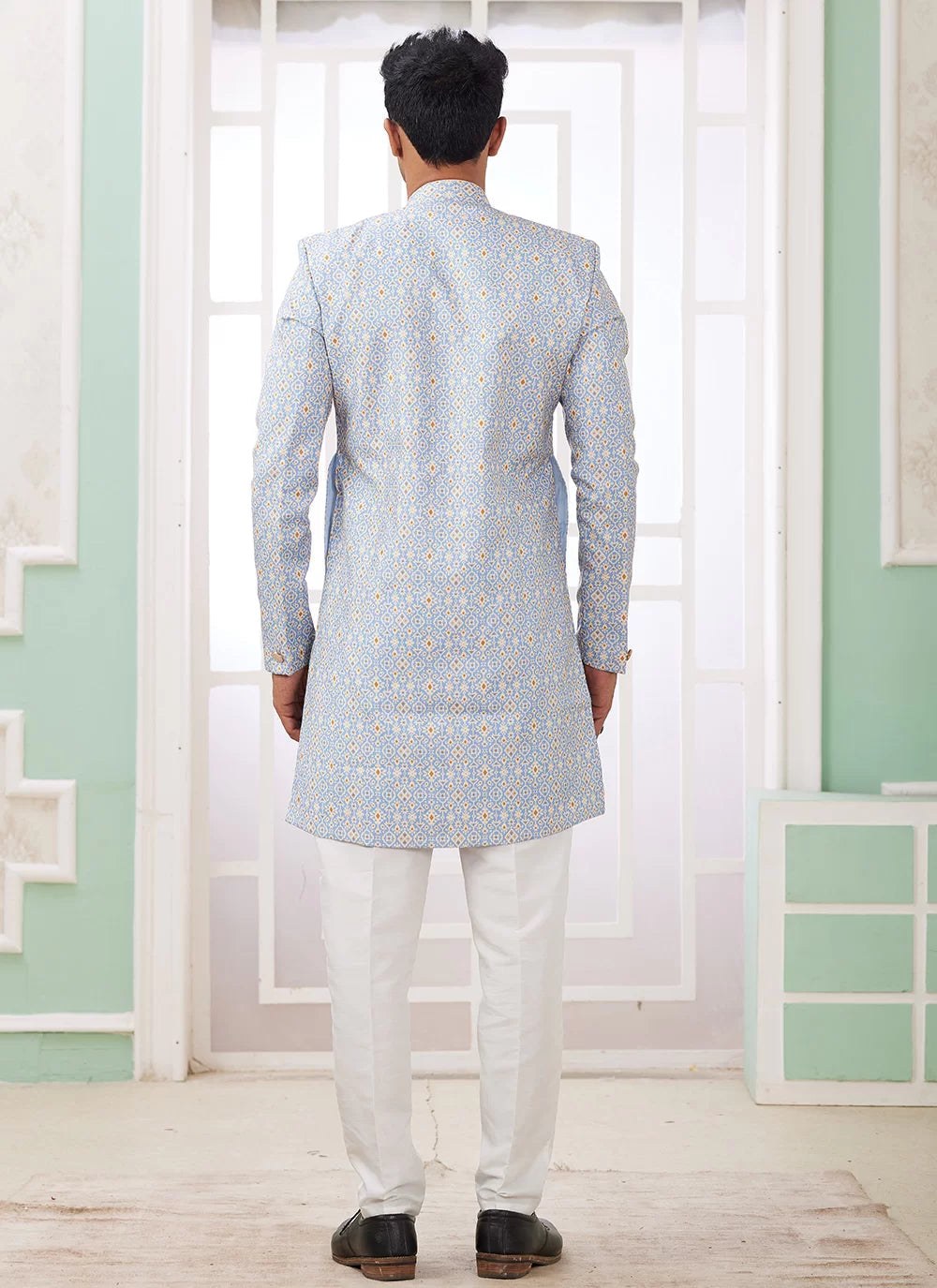 Raivat Ethnic Banarasi Jacquard Embroidery Indo Western Sherwani In Blue Colour | Swadesiicart