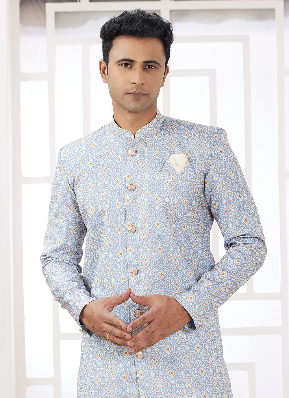 Raivat Ethnic Banarasi Jacquard Embroidery Indo Western Sherwani In Blue Colour | Swadesiicart