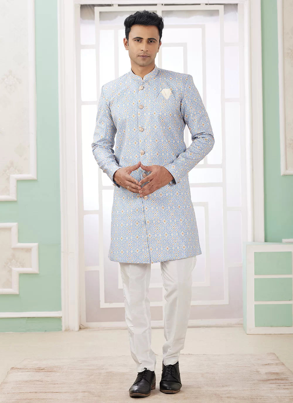 Raivat Ethnic Banarasi Jacquard Embroidery Indo Western Sherwani In Blue Colour | Swadesiicart