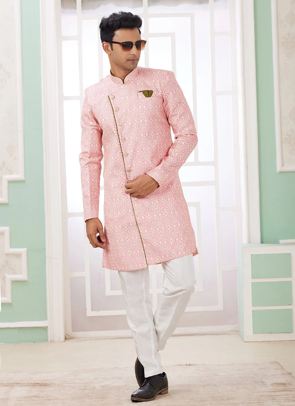 Raivat Ethnic Banarasi Jacquard Embroidery Indo Western Sherwani In Dark Pink Colour | Swadesiicart