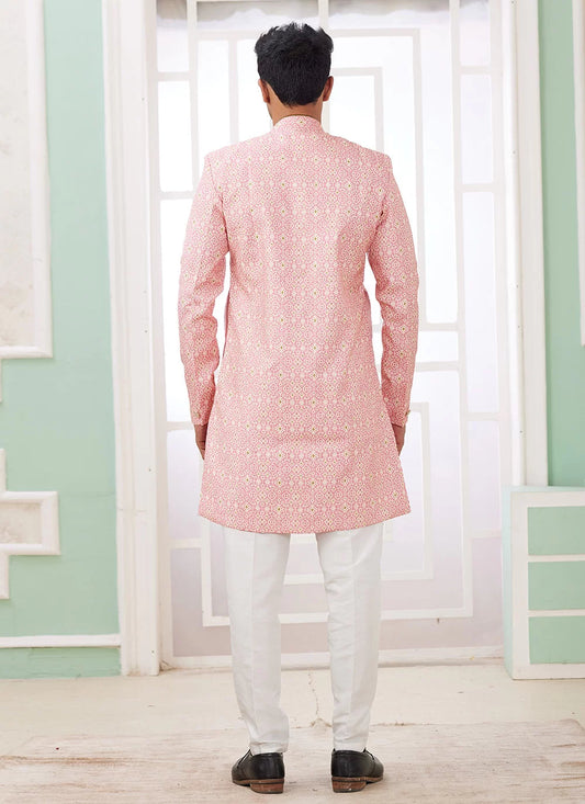 Raivat Ethnic Banarasi Jacquard Embroidery Indo Western Sherwani In Dark Pink Colour | Swadesiicart