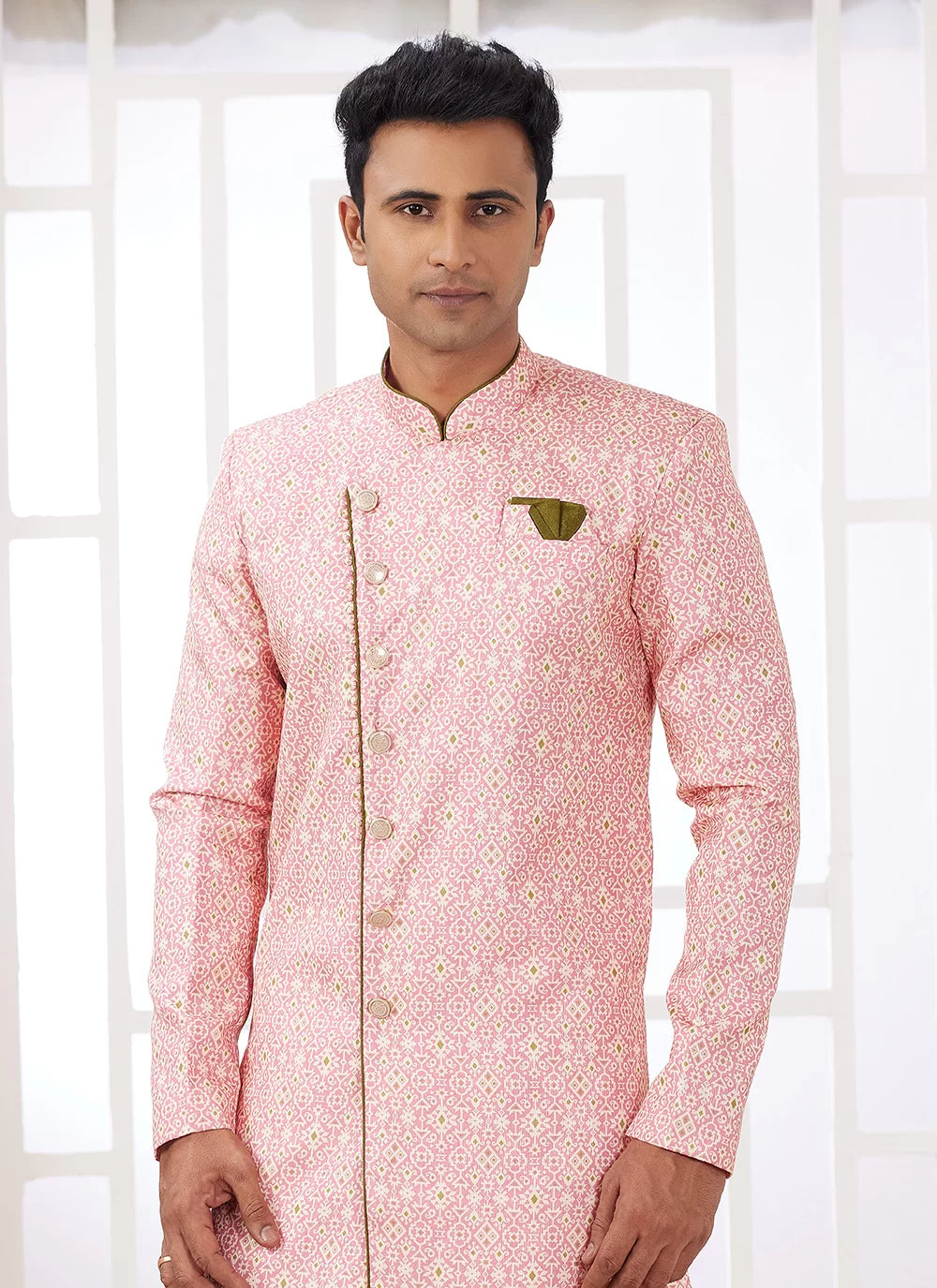 Raivat Ethnic Banarasi Jacquard Embroidery Indo Western Sherwani In Dark Pink Colour | Swadesiicart