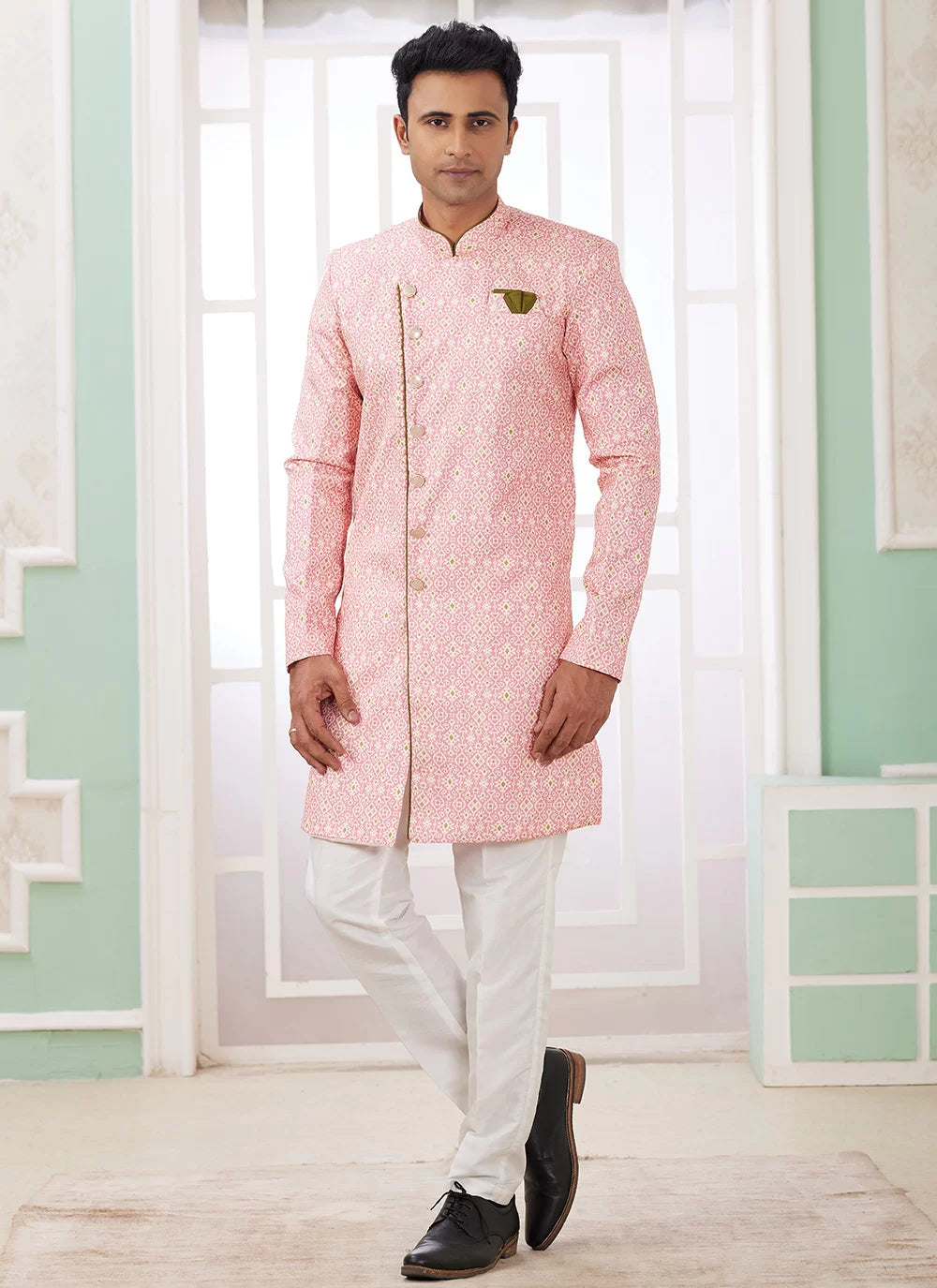 Raivat Ethnic Banarasi Jacquard Embroidery Indo Western Sherwani In Dark Pink Colour | Swadesiicart