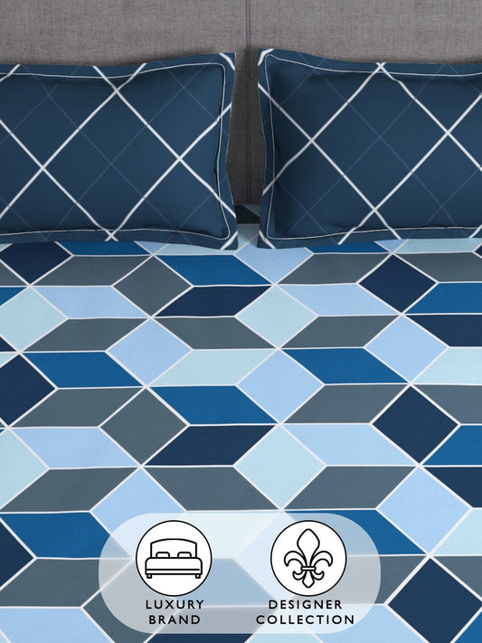 Story@home Arena Blue & Grey Geometric Printed 180 TC Queen Bedsheet & 2 Pillow Covers - Swadesiicart