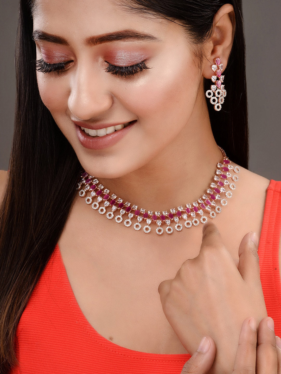 Saraf RS Jewellery Rose Gold-Polished Red AD-Studded Jewellery Set - Swadesiicart