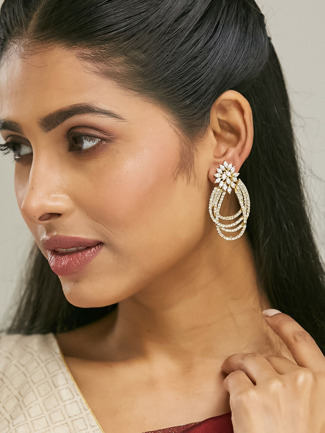 Nuyug 22K Gold-Plated Floral Motif Zircon Stone Studded Teardrop Shaped Elegant Drop Dangler Earrings | Swadesiicart