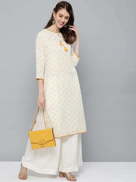 HERE&NOW Women Off-White & Mustard Yellow Geometric Printed Straight Kurta - Swadesiicart