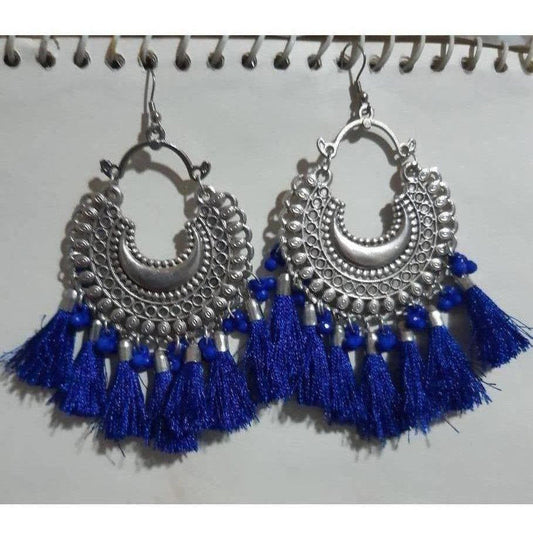 MS Fashion India Half Moon Silver Oxidized Earrings With Blue Color Silk Threads | Swadesiicart