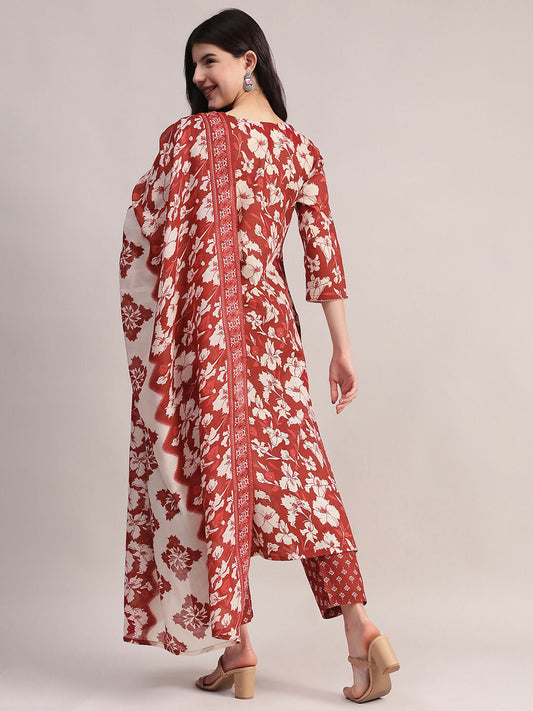 Aavyora Women Maroon Floral Printed Kurta with Printed Pants & Dupatta Set - Swadesiicart