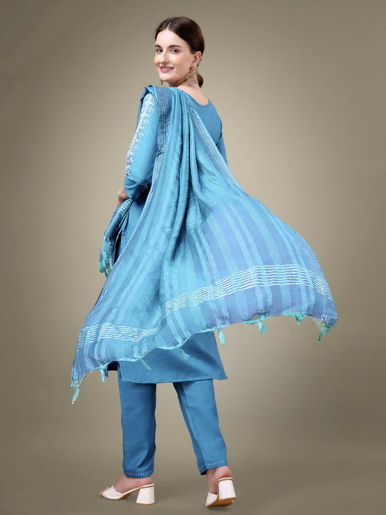 Jyoti Fashion Women's Sky Blue Cotton Blend Embroidery & Sequence work Kurta with Trouser & Dupatta | Swadesiicart