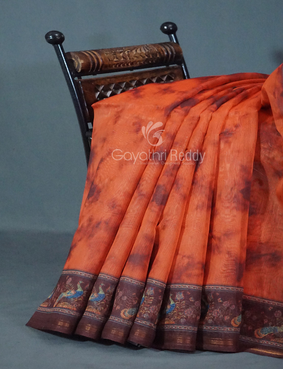 Shades of Orange Colour Shibori Print Semi Chanderi Saree By Gayathri Reddy Designer Studio | Swadesiicart