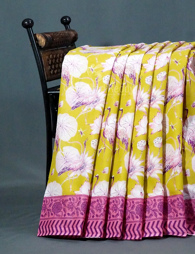 Block Print Lime Green Coloured Mulmul Cotton Saree By Gayathri Reddy Designer Studio | Swadesiicart