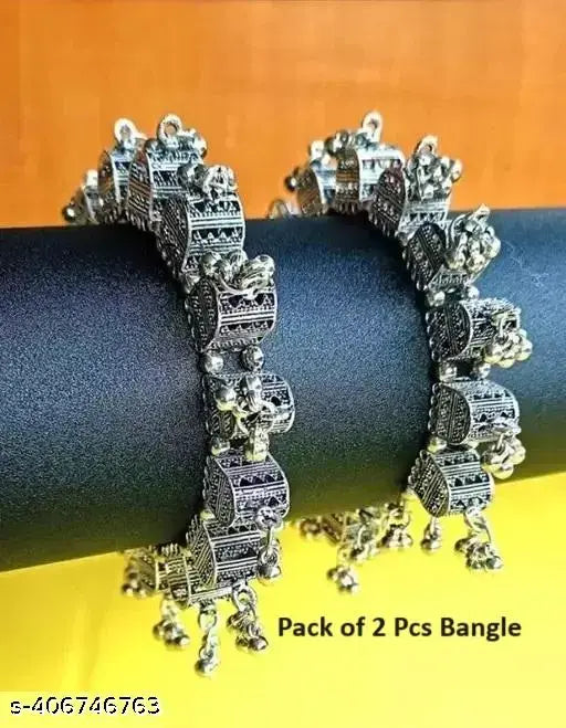Tehzeeb Creations Women's Silver Colour Oxidised Bangles - Swadesiicart