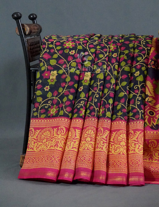Shades of Navy Blue Colour Kalamkari Design Semi Chanderi Saree By Gayathri Reddy Designer Studio | Swadesiicart