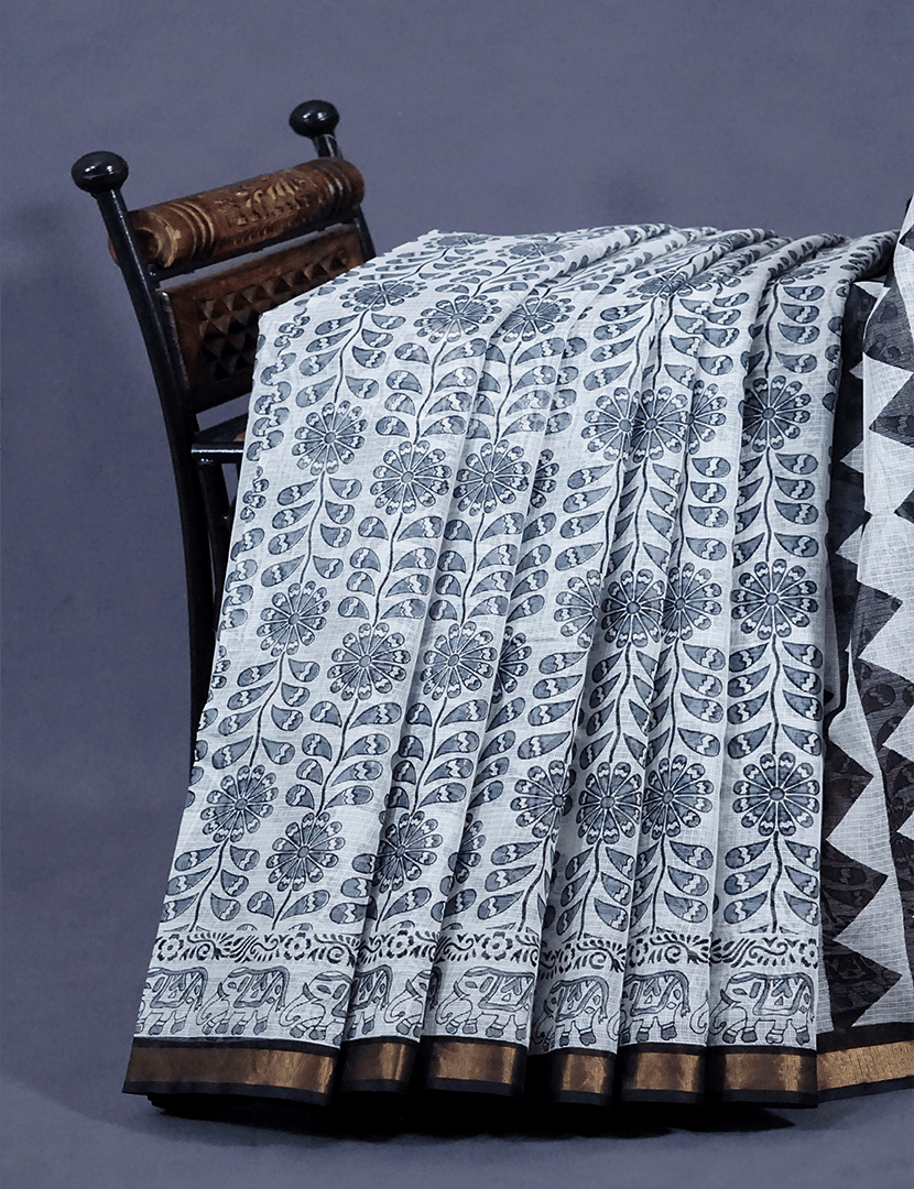 White And Grey Colour Block Print Pure Kota Cotton Saree By Gayathri Reddy Designer Studio | Swadesiicart