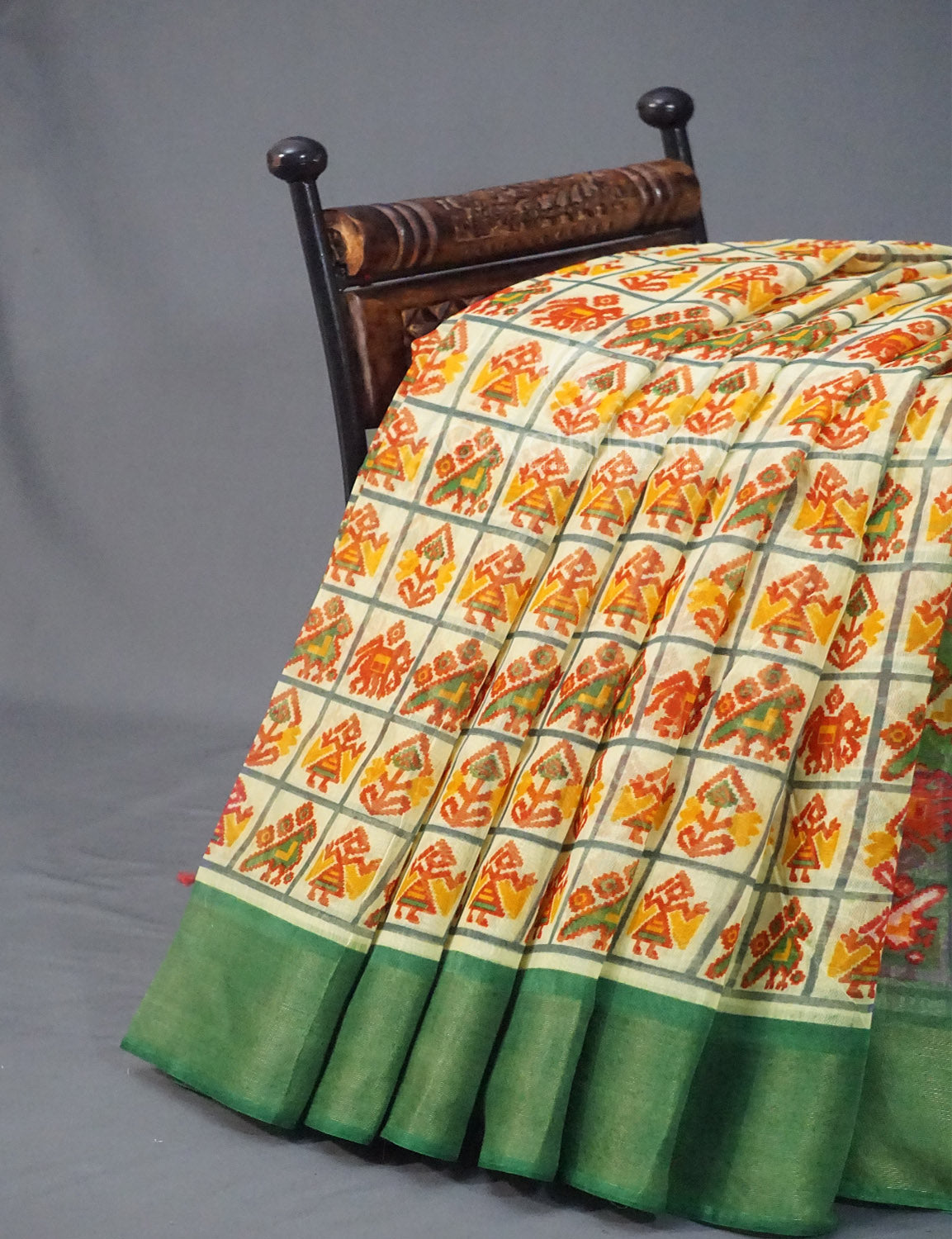 Shades of Light Apple Green And Parrot Green Colour Blouse Ikat Design Semi Chanderi Saree By Gayathri Reddy Designer Studio | Swadesiicart